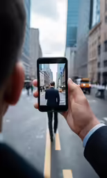 a man with a suit taking a photo on his phone