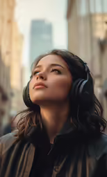 a woman in black jacket wearing ear phones