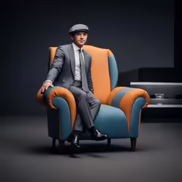 a man sitting on a blue chair with an orange chair