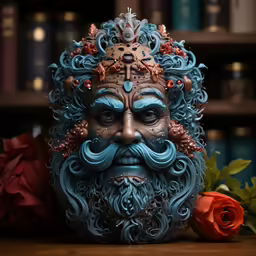 a sculpture on a table with a rose and some books