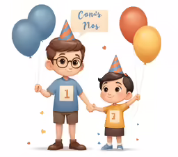two children hold hands, balloons, and confetti for first birthday