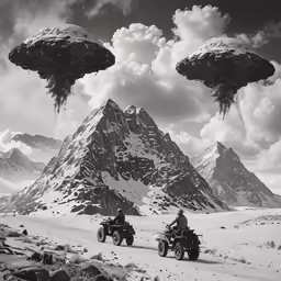 two people riding atvs with two flying saucers above them