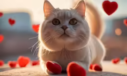 a cat on the ground in a group of red hearts