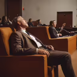 a man in a suit sitting in front of a class