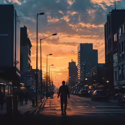 the sun is setting in the distance near an urban street