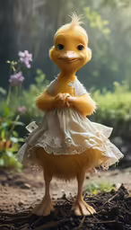 a little bird in a dress standing on a pile of debris