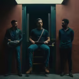 a man sits on the door as three other men stand behind him