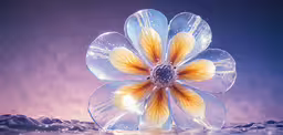 the flower is floating on water droplets and waves,a yellow and white flower with dew drops on it