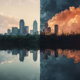 two pictures with an urban setting and the same one with a city view