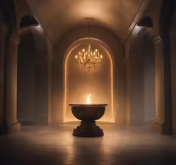 a candle sitting on top of a table in front of a archway