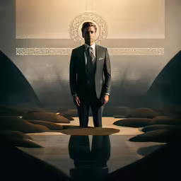 a man in a suit is standing by the ground
