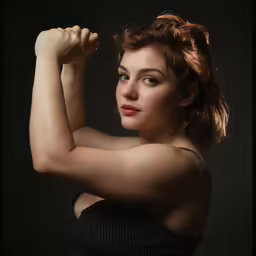 a woman wearing black and holding onto one arm with one hand