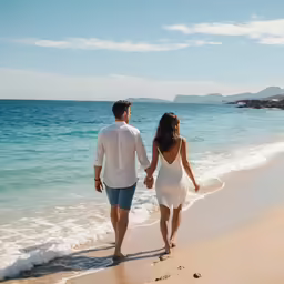 a man and woman holding hands on the beach