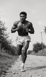 a young man is running down a dirt road