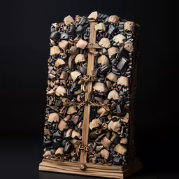 a close up of a carved statue with mushrooms and bells