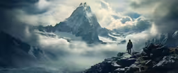 a lone man on top of the mountain looking down,a man standing on top of a mountain overlooking clouds