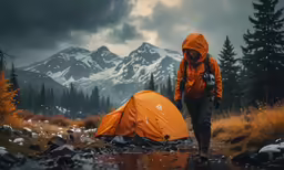 man with orange jacket standing next to tent in mountains