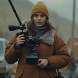 a woman holding a camera and looking into the distance