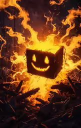 a square shaped box that is carved into fire