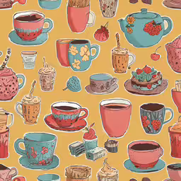 a background of many tea cups with different dishes,colorful cups and plates with cherries on them