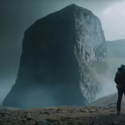 a man standing near an almost towering mountain