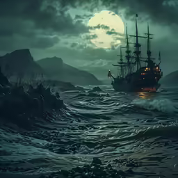 a ship in the ocean at night near a rocky coast