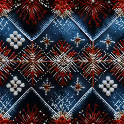 snowflakes and beaded red leaves on a blue background