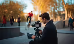 a person is filming a bicyclist while someone on a bike rides in the background