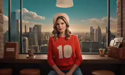 woman sitting down with a hat on her head in an office