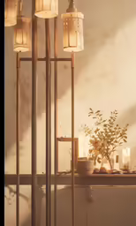 a lighted mirror and table with plants