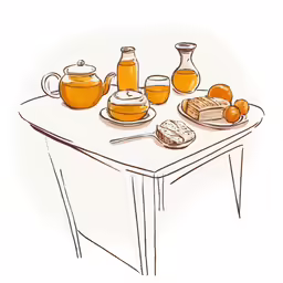 an orange is set on a table to depict the tea and food