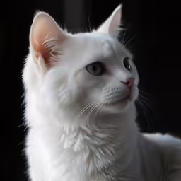 the cat has soft white fur and bright green eyes