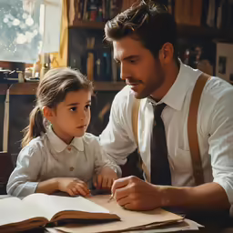 a man and young girl are sitting at a table working together
