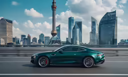 the rear end of a green car driving past the city