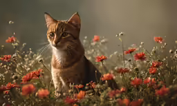 a small cat standing in the middle of some flowers