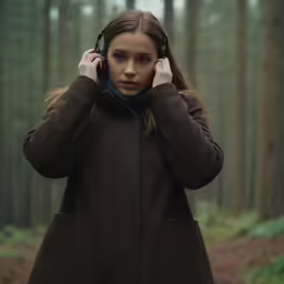 the woman is talking on her cellphone in the forest