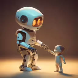 a small robot giving a tiny baby a hand shake