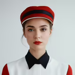 a woman is wearing a red and white hat