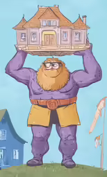 a cartoon character wearing glasses and purple pants carries a house on his head