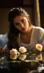 young woman sitting at table surrounded by roses