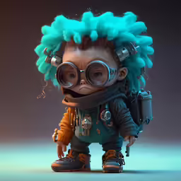 the little character is dressed like an alien with blue hair