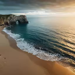 a beach near to some cliffs with water and sand