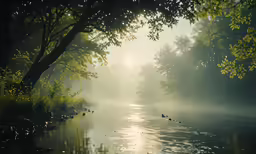 ducks swimming in a river with the sun going down