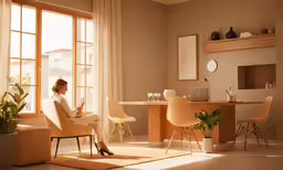 a lady is sitting in the sunlit room by a window