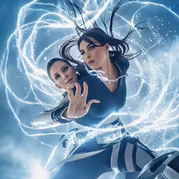 two young women are in a blue and white poster
