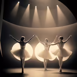 three ballet dancers performing with a spotlight background