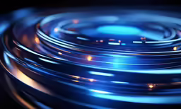 a large stack of metallic discs, some lit up