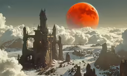 a giant red moon behind a medieval castle