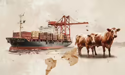 there are two cows and a shipping ship