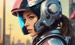 an animation image of a girl wearing a helmet,an animation avatar in a futuristic helmet with big hair